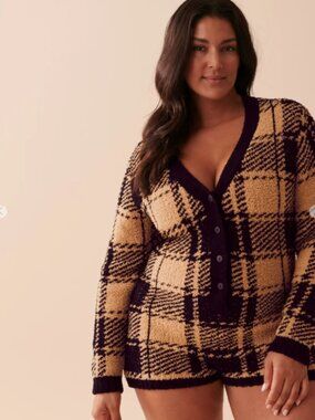 La Vie en Rose Chenille Long Sleeve Romper XXL Plaid Cozy Pajama Lounge Shorts